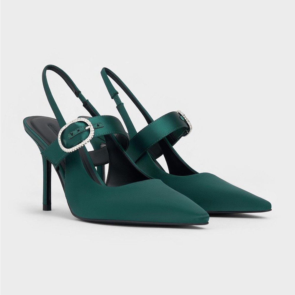 Charles & Keith Satin‎ Crystal-embellished Slingback Mary Jane Pumps Green